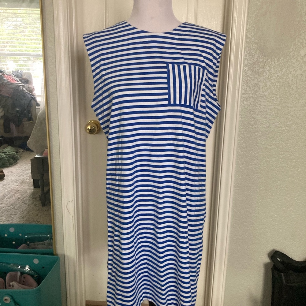 Loft Cotton Blue and White Striped Sleeveless T-shirt Dress